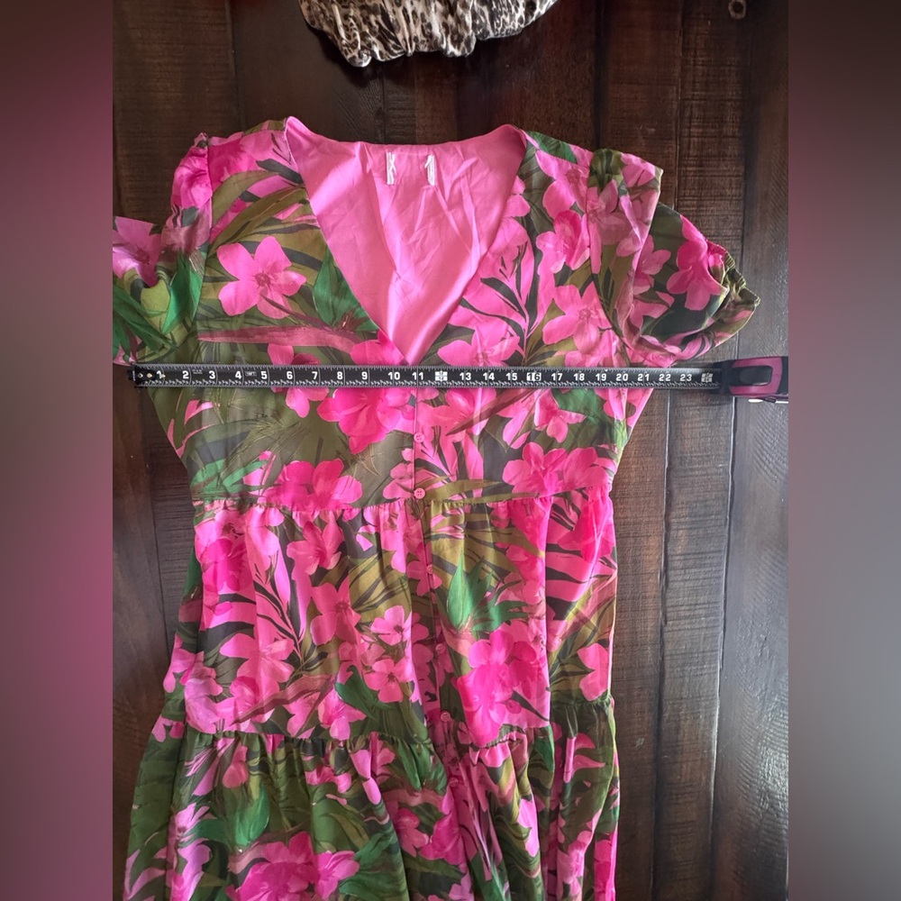 Sugarlips Tropical Floral Tiered Maxi Dress Pink Green Floral - Picture 5 of 9
